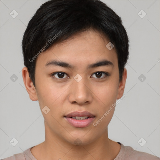 Joyful asian young-adult female with short  black hair and brown eyes