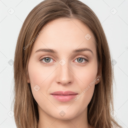 Joyful white young-adult female with long  brown hair and grey eyes