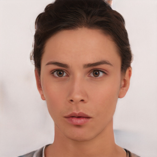 Neutral white young-adult female with short  brown hair and brown eyes