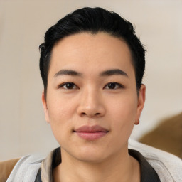 Neutral asian young-adult male with short  black hair and brown eyes