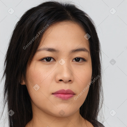 Neutral asian young-adult female with long  brown hair and brown eyes