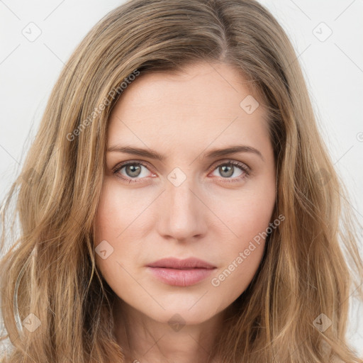 Neutral white young-adult female with long  brown hair and grey eyes