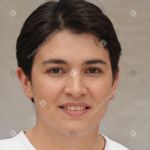 Joyful white young-adult female with short  brown hair and brown eyes