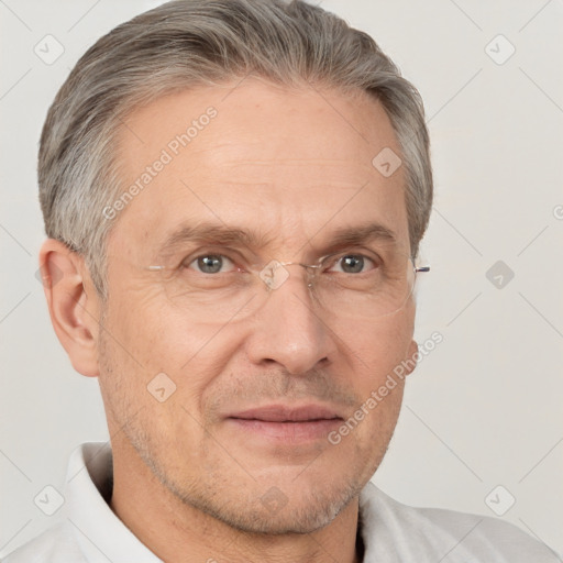 Neutral white middle-aged male with short  gray hair and brown eyes