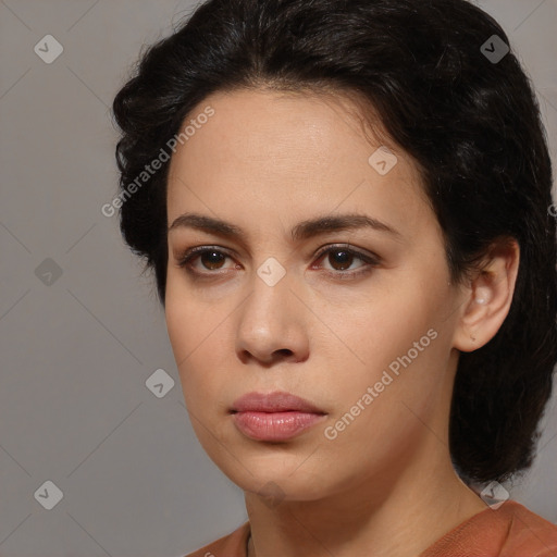 Neutral white young-adult female with medium  brown hair and brown eyes