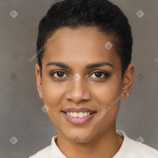 Joyful black young-adult female with short  brown hair and brown eyes