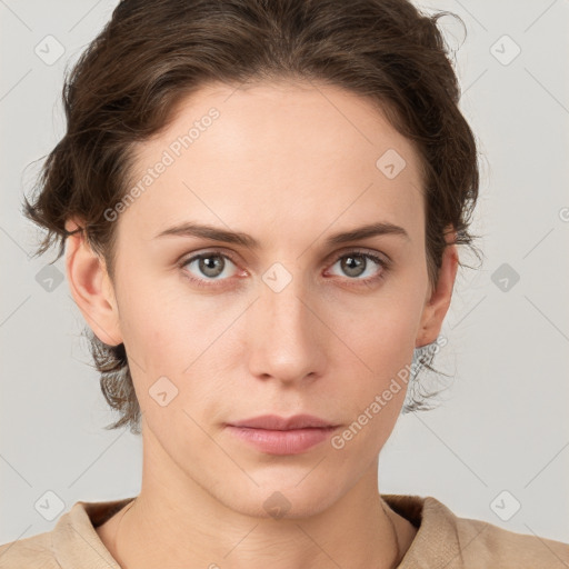 Neutral white young-adult female with medium  brown hair and grey eyes