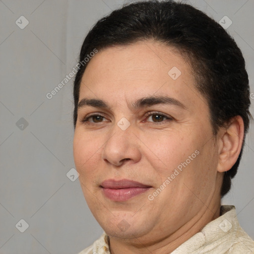 Joyful white adult female with short  brown hair and brown eyes