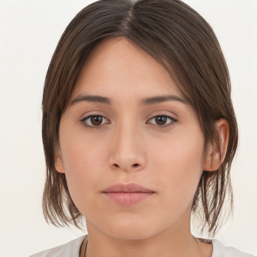 Neutral white young-adult female with medium  brown hair and brown eyes