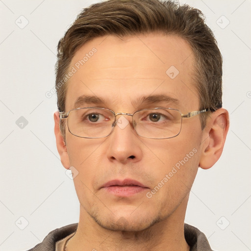 Neutral white adult male with short  brown hair and brown eyes