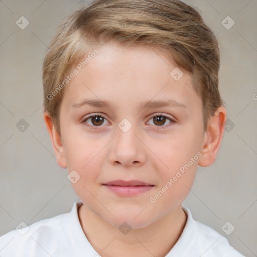 Joyful white child female with short  brown hair and brown eyes