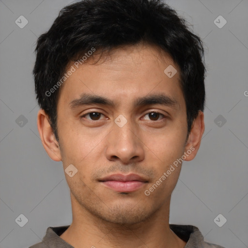 Neutral asian young-adult male with short  black hair and brown eyes