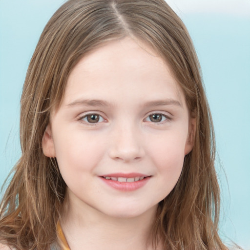 Joyful white child female with long  brown hair and grey eyes