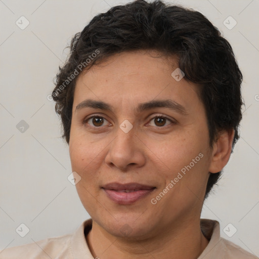 Joyful white adult female with short  brown hair and brown eyes