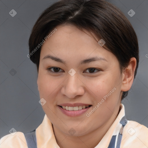 Joyful white young-adult female with short  brown hair and brown eyes