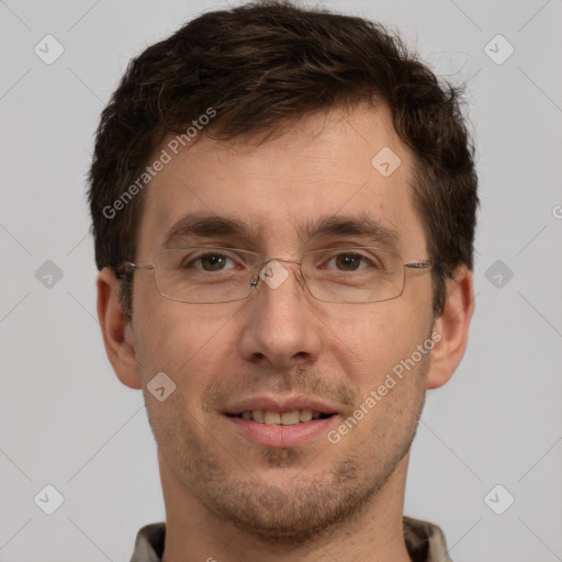 Joyful white adult male with short  brown hair and grey eyes