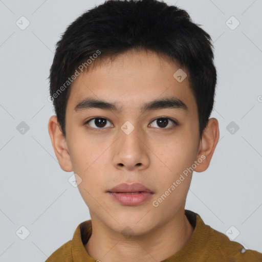 Neutral asian young-adult male with short  black hair and brown eyes