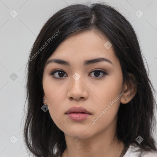 Neutral asian young-adult female with long  black hair and brown eyes