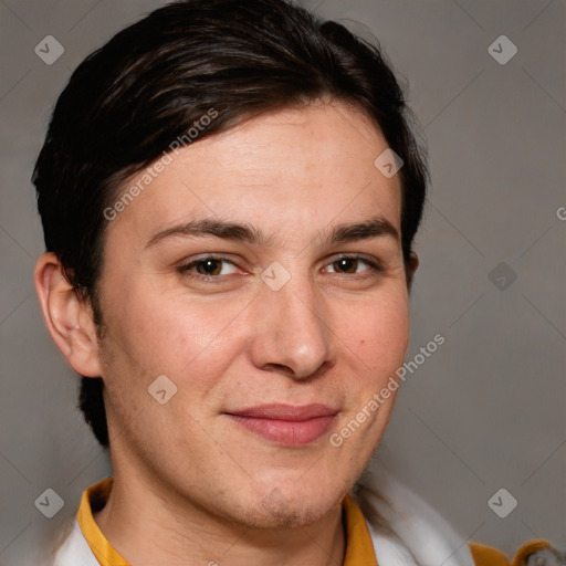 Joyful white adult female with short  brown hair and brown eyes