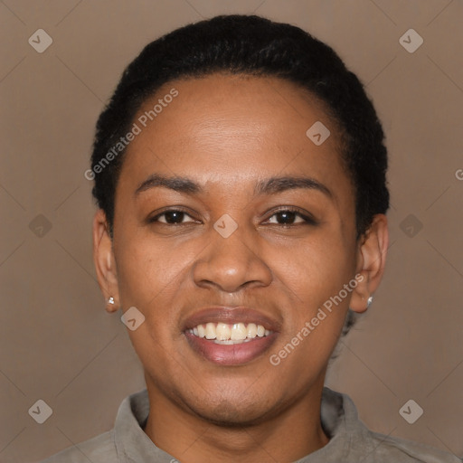 Joyful latino young-adult female with short  black hair and brown eyes