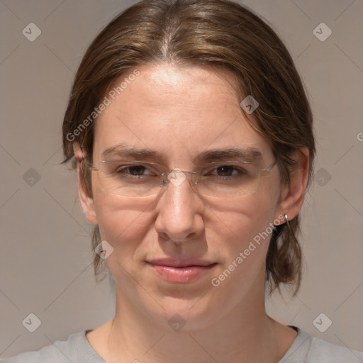 Joyful white adult female with medium  brown hair and brown eyes