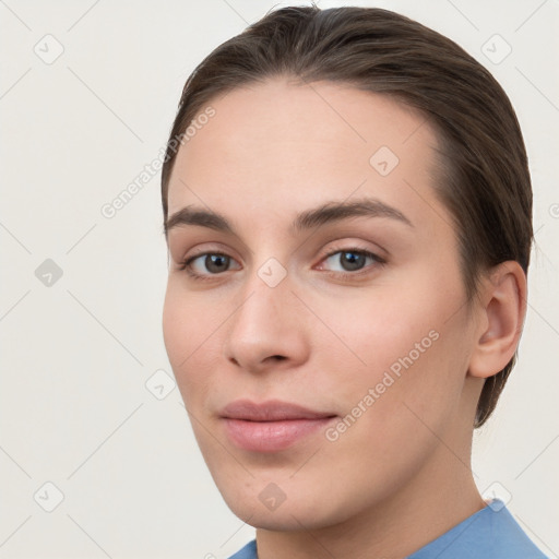 Neutral white young-adult female with short  brown hair and brown eyes