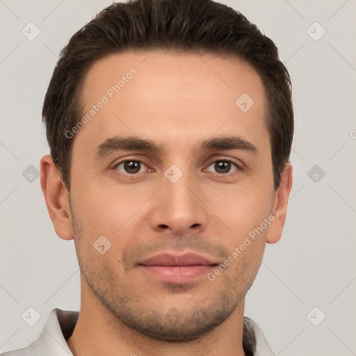 Joyful white young-adult male with short  brown hair and brown eyes