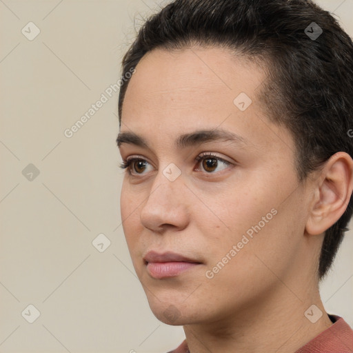 Neutral white young-adult female with short  brown hair and brown eyes