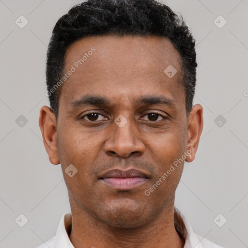 Neutral latino young-adult male with short  black hair and brown eyes
