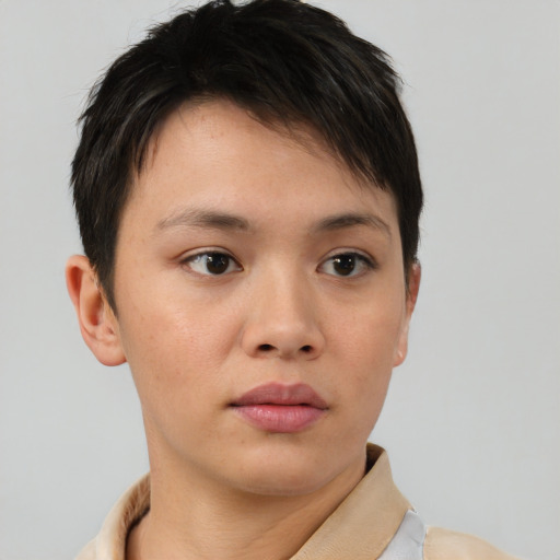 Neutral asian young-adult female with short  brown hair and brown eyes