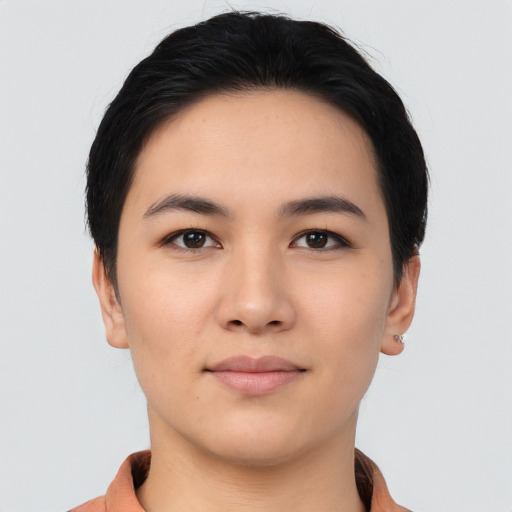Neutral asian young-adult female with short  black hair and brown eyes