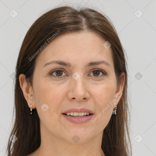 Joyful white adult female with medium  brown hair and grey eyes