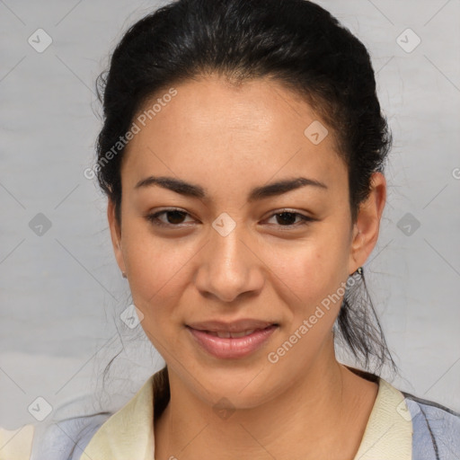 Joyful latino young-adult female with medium  brown hair and brown eyes