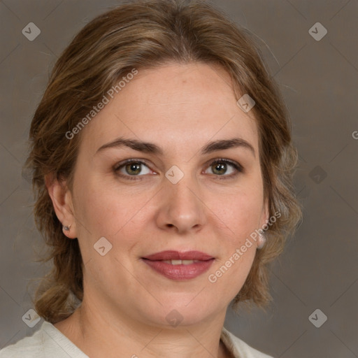 Joyful white young-adult female with medium  brown hair and green eyes