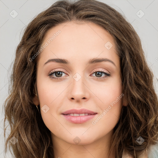 Joyful white young-adult female with long  brown hair and green eyes