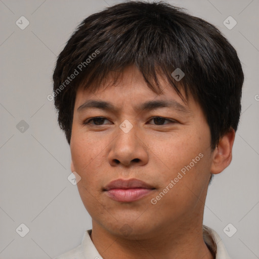 Neutral asian young-adult male with short  brown hair and brown eyes