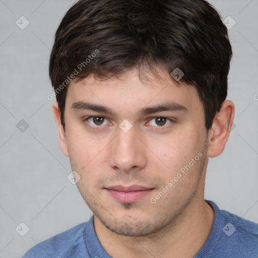 Neutral white young-adult male with short  brown hair and brown eyes