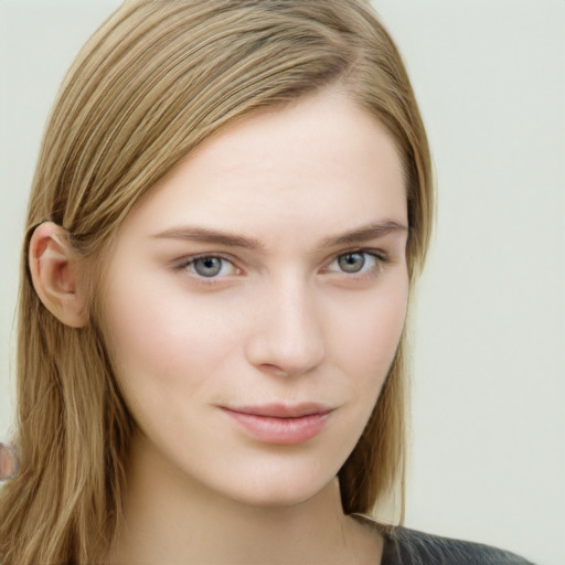 Neutral white young-adult female with long  brown hair and grey eyes