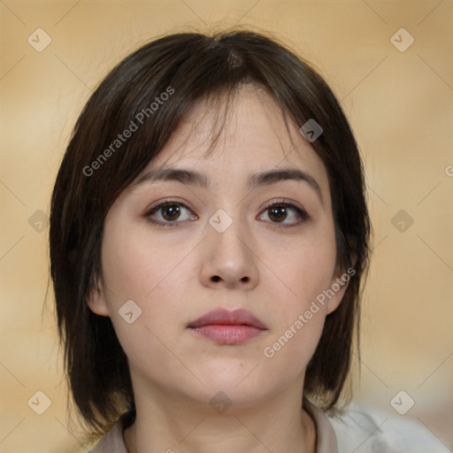 Neutral white young-adult female with medium  brown hair and brown eyes