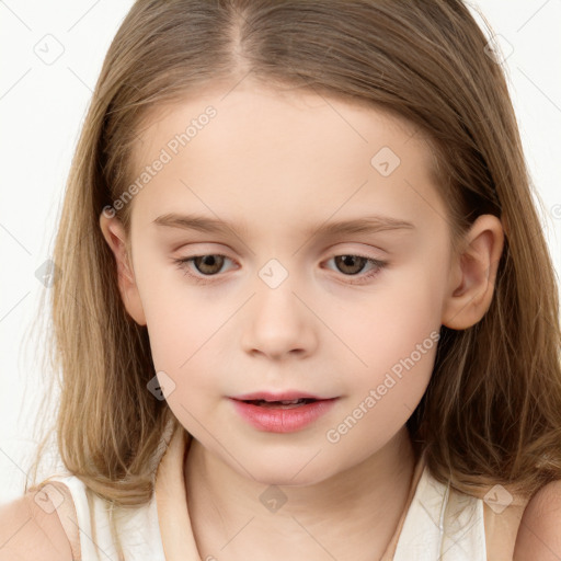 Neutral white child female with long  brown hair and brown eyes