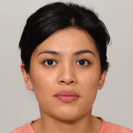 Neutral asian young-adult female with short  brown hair and brown eyes