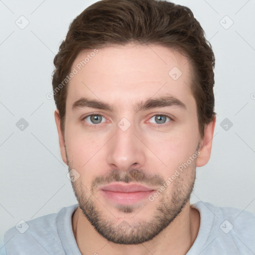 Neutral white young-adult male with short  brown hair and grey eyes