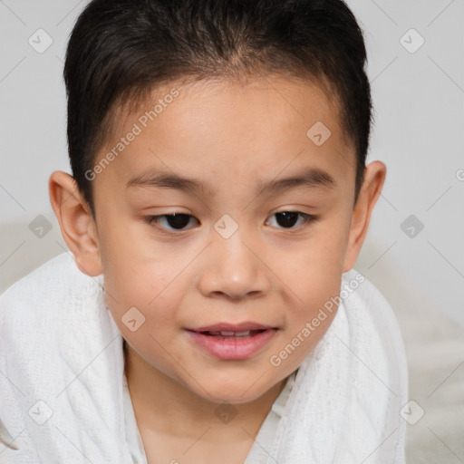 Joyful white child female with short  brown hair and brown eyes