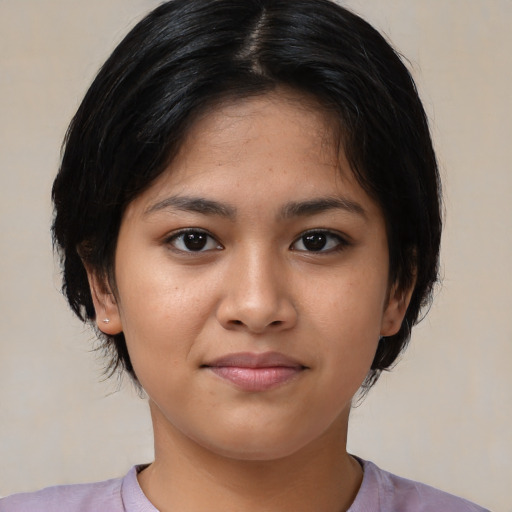 Neutral white young-adult female with medium  black hair and brown eyes