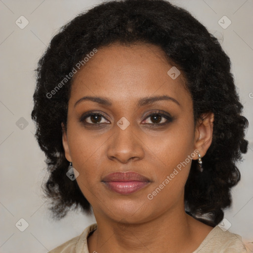 Joyful black young-adult female with medium  black hair and brown eyes