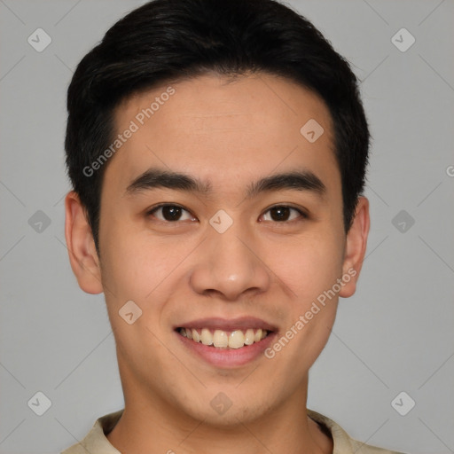 Joyful latino young-adult male with short  brown hair and brown eyes