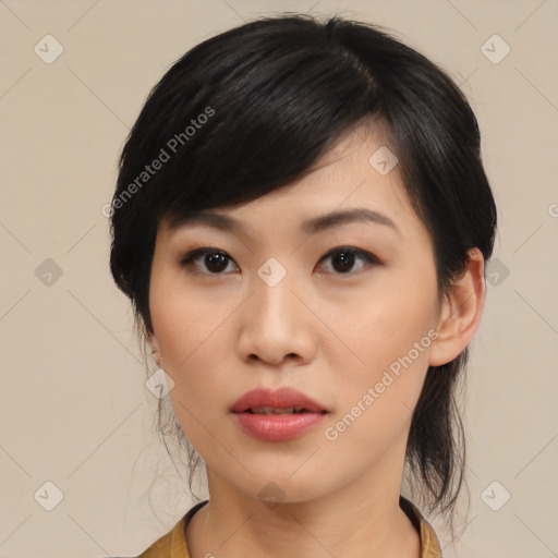 Neutral asian young-adult female with medium  black hair and brown eyes