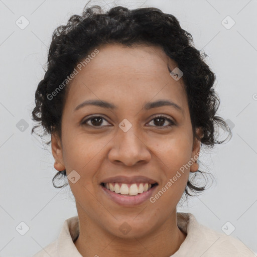 Joyful latino young-adult female with short  brown hair and brown eyes