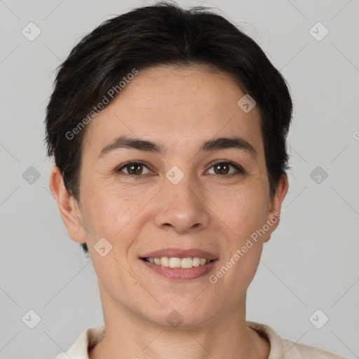 Joyful white young-adult female with short  brown hair and brown eyes