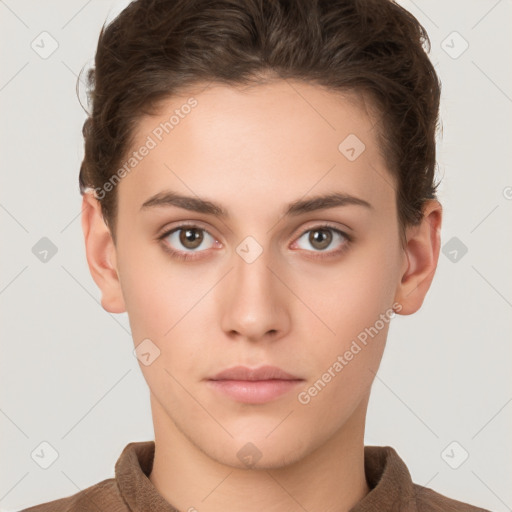 Neutral white young-adult female with short  brown hair and brown eyes